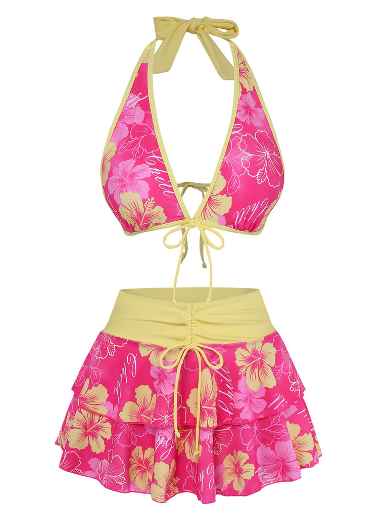 Rosa 1960er Blumen Druck Bindefront Geschichtet Bikini Set