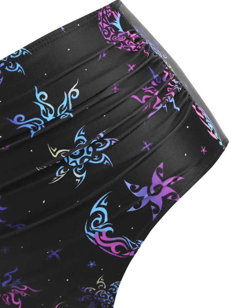 Schwarz 1980er Gurt Neon Nebula Print Gothic Bikini Set