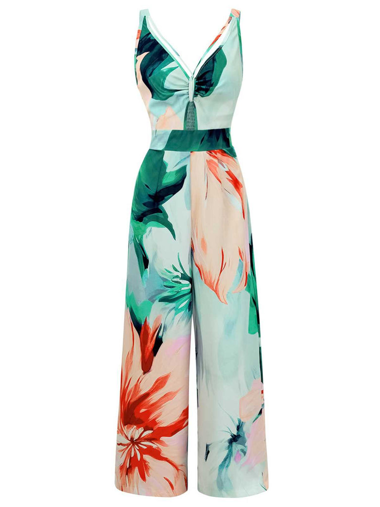 1970er Träger V-Ausschnitt Blumen Gesmokt Jumpsuit