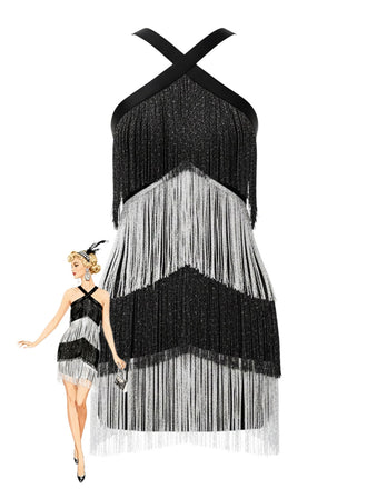 Schwarz 1920er Riemchen Fransen Pailletten Cocktail Kleid
