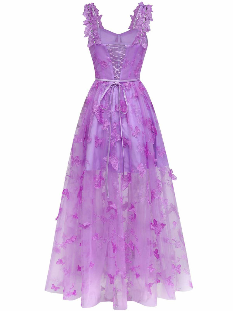 1930er Spaghetti Träger 3D Schmetterlinge Netz Maxi Kleid