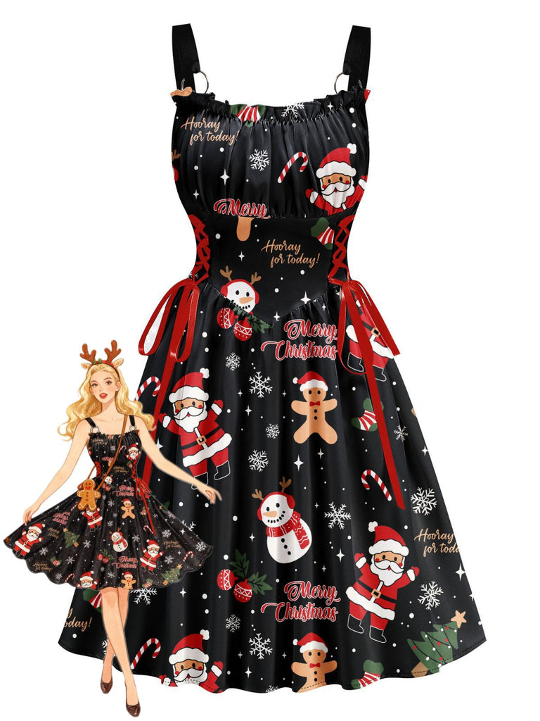 Schwarz 1950er Weihnachten Breite Träger Schnürung Kleid