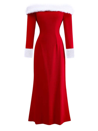 1930er Schulterfrei Kunstpelzbesatz Weihnachten Kleid