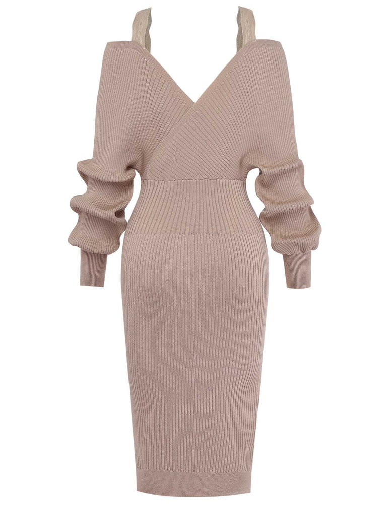 Khaki 1960er Schulterfrei Spitze Schlitz Gestrickt Kleid