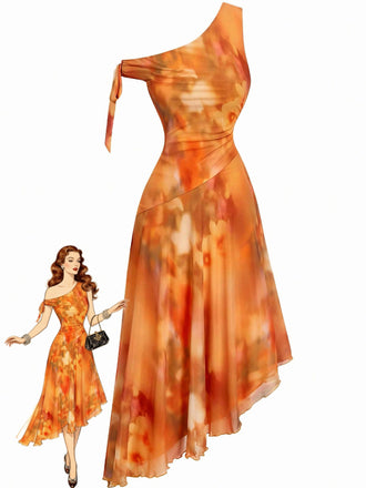 Orange 1970er Eine Schulter Netz Asymmetrisch Saum Kleid