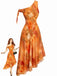 Orange 1970er Eine Schulter Netz Asymmetrisch Saum Kleid