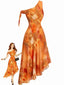 Orange 1970er Eine Schulter Netz Asymmetrisch Saum Kleid