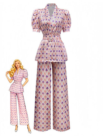 2PCS Rosa 1930er Bedruckt Puffärmel Gürtel Blazer & Hose