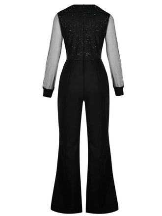 Schwarz 1940er V-Ausschnitt Funkeln Netz Jumpsuit