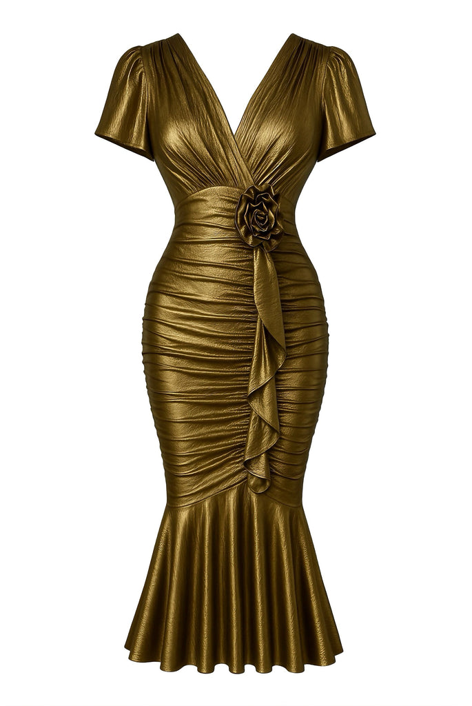 1930er Metallic Strukturiert Blumen Tailliert Fischschwanz Kleid