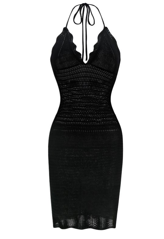 Schwarz 1970er Solide Halter Stricken Kleid