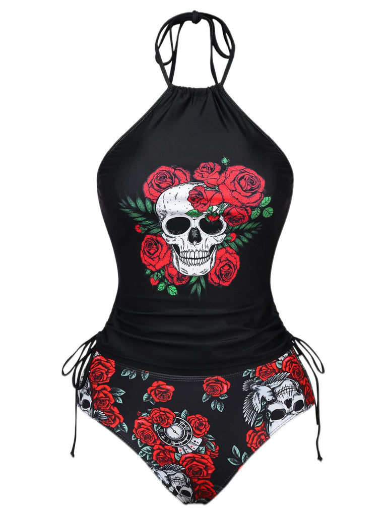 Schwarz 1980er Steampunk Halter Skeleton Rose Bademode