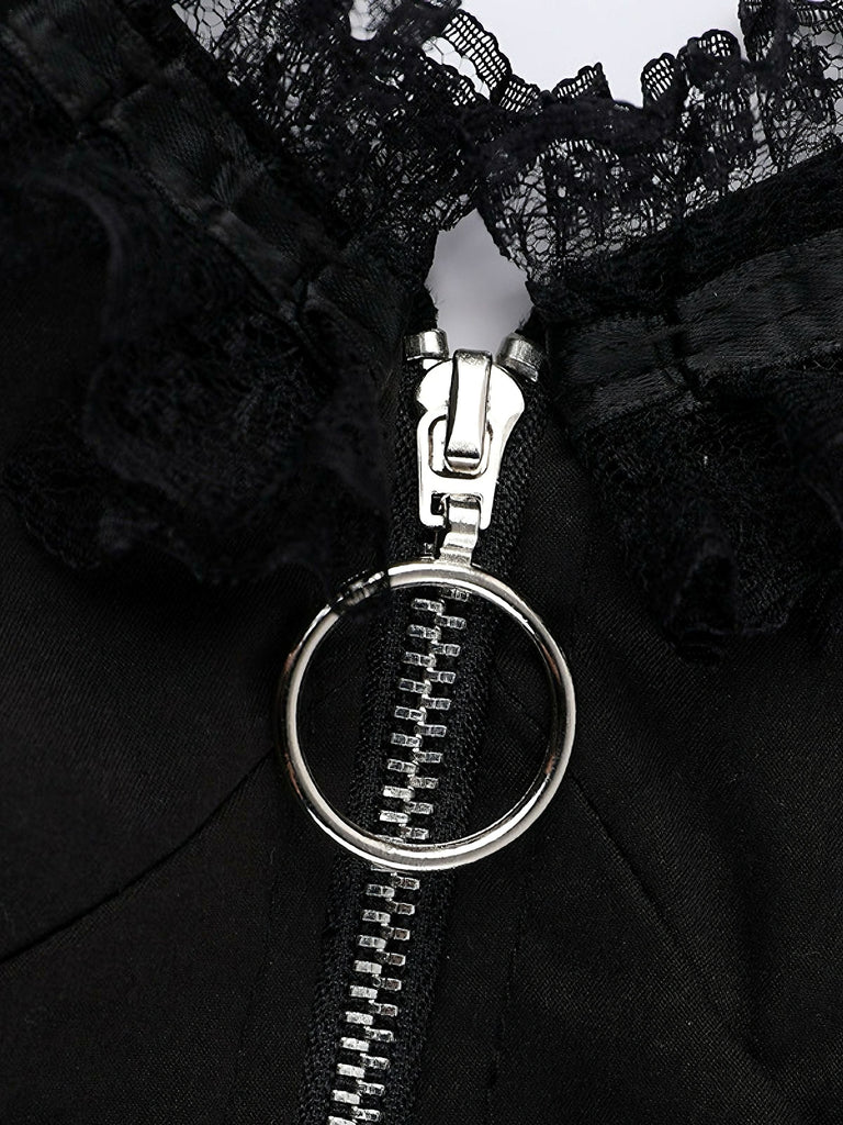 Schwarz 1980er Punk Metall Gürtel Patchwork Kleid