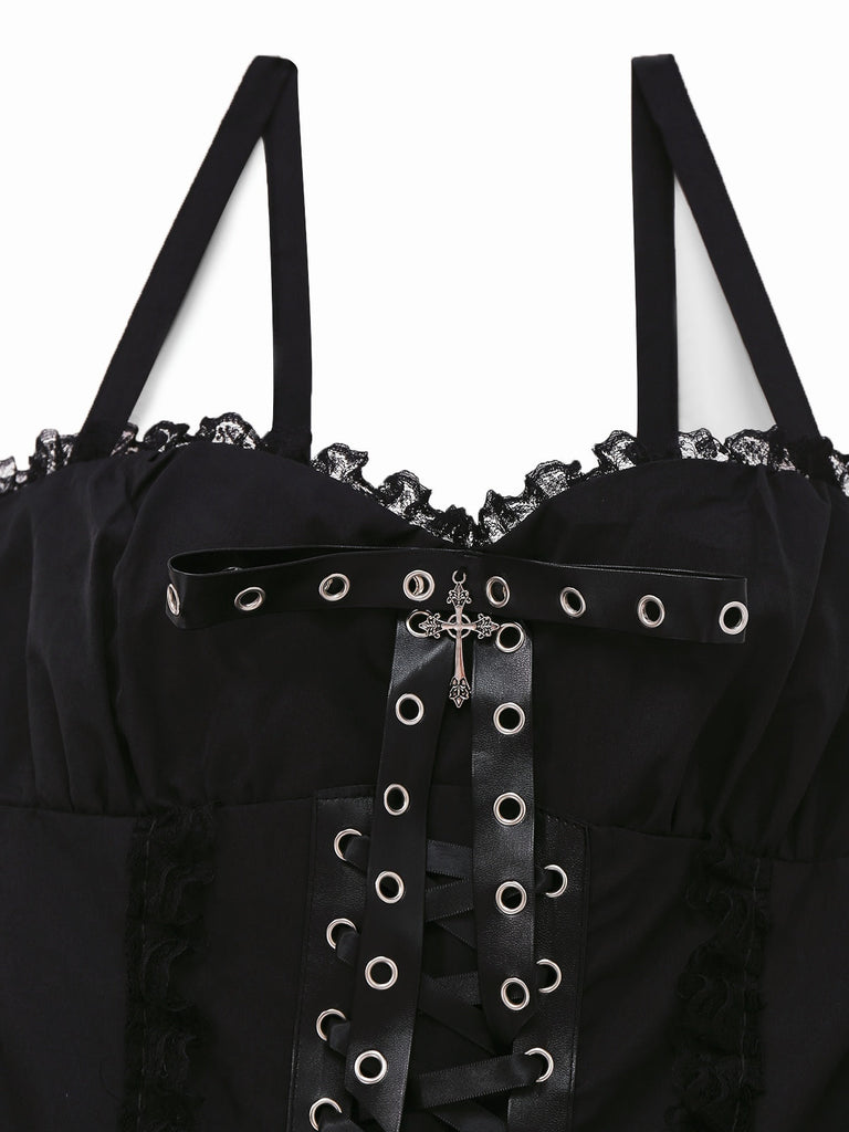 Schwarz 1980er Gothic Geschichtet Spitze Spaghetti-Träger Kleid