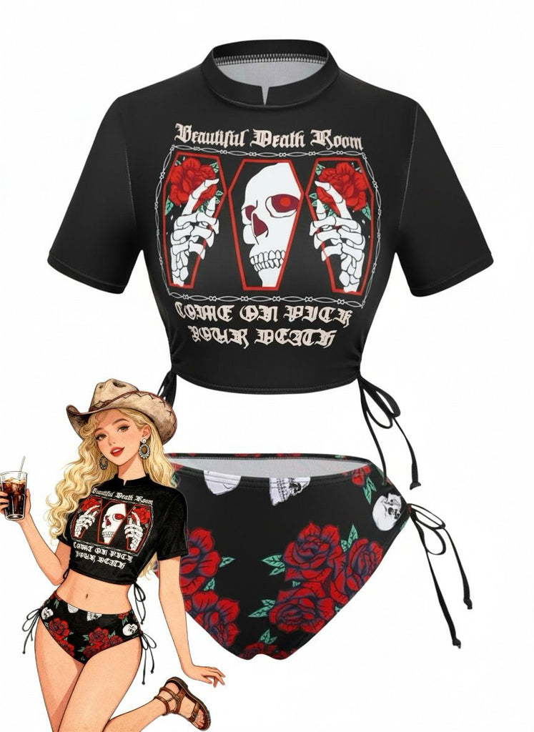 1980er Totenkopf Rose Grafik Tankini Set