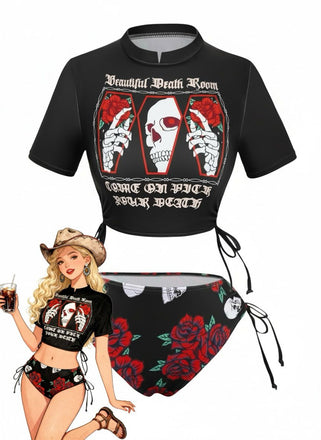1980er Totenkopf Rose Grafik Tankini Set