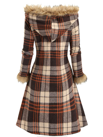 1940er Plaid Toggle Kunstpelzbesatz Hooded Mantel