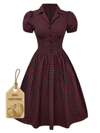 Rot 1950er Plaid Revers Puffärmel Baumwolle Kleid