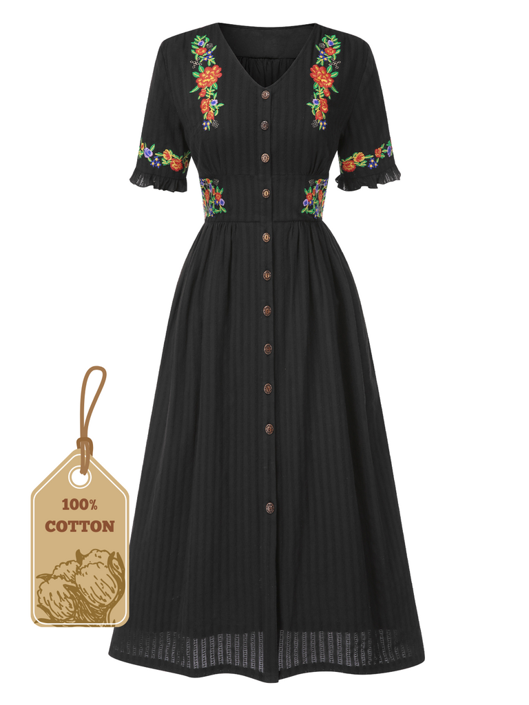 [Vorverkauf] Schwarz 1940er V-Ausschnitt Knöpfen Baumwolle Blumen Kleid