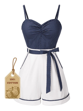 Blau 1940er Polka Dot Patchwork Träger Romper