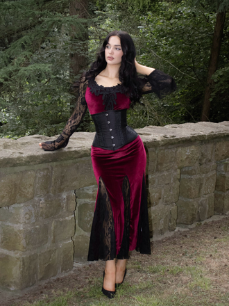 Weinrot 1930er Gothic Hexen Vampir Spitze Langarm Meerjungfrauenkleid