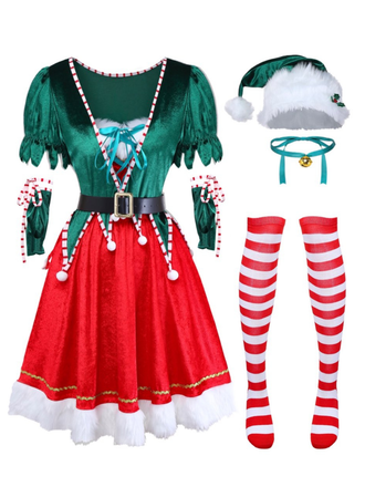 1960er Weihnachten Grün V-Ausschnitt Top & Rot Pelzbesatz Rock