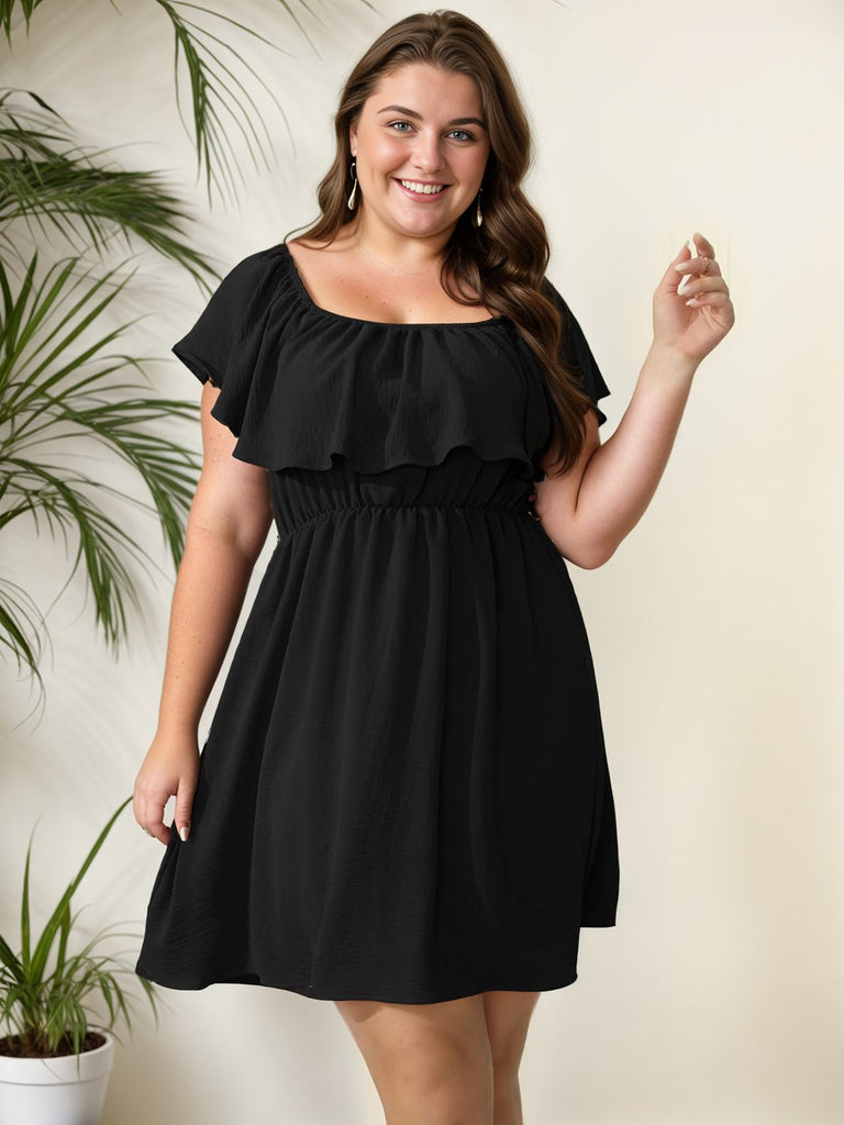 [Plus Size] 1950er Solide Ruffle Neck Off Shoulder Kleid