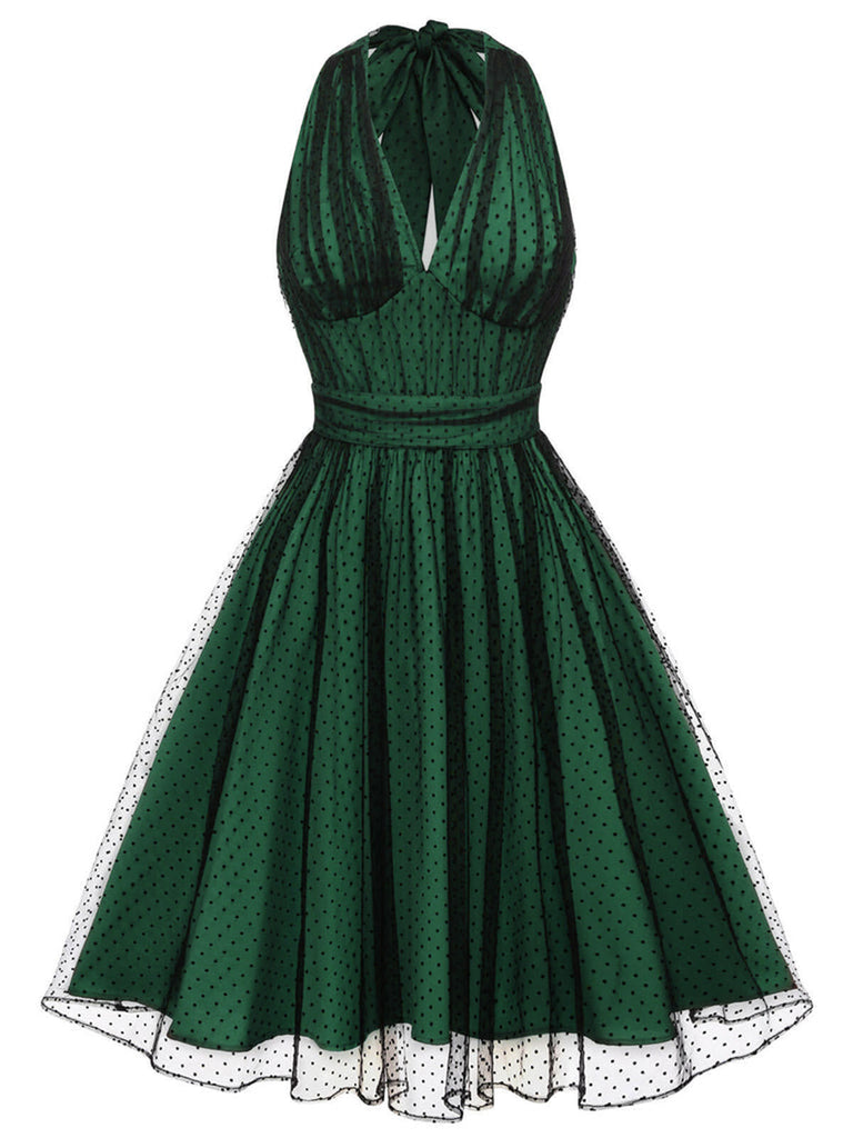 Grünes 1950er Weihnachten Halter Polka Dots Mesh Kleid