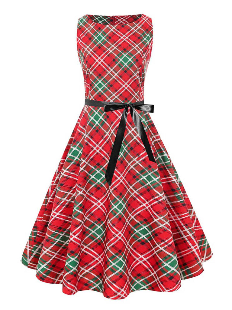 Rotes 1950er Weihnachten kariertes ärmelloses Kleid