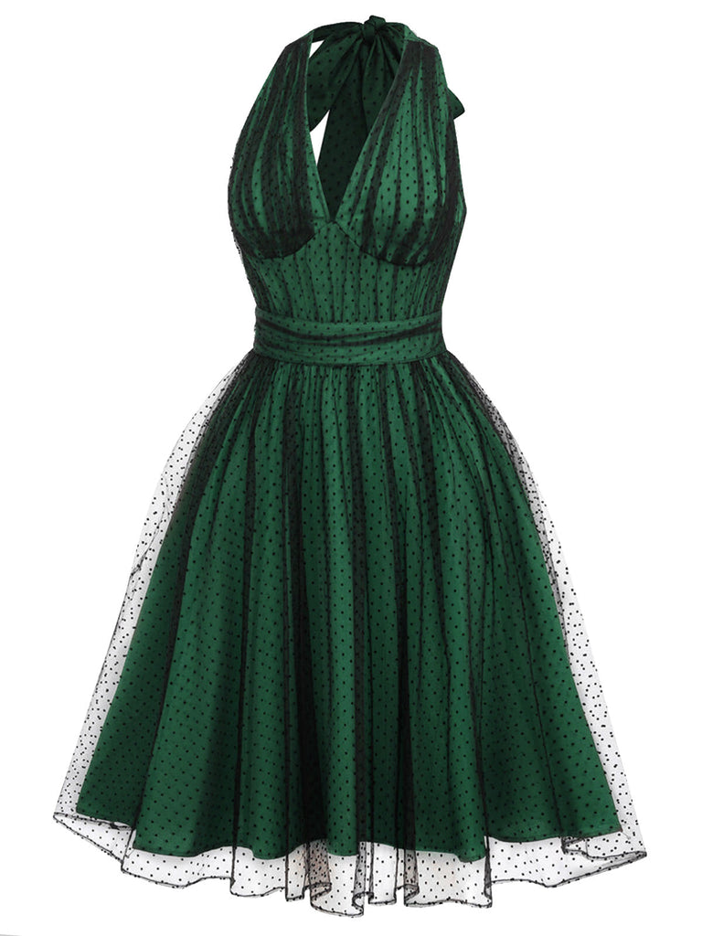 Grünes 1950er Weihnachten Halter Polka Dots Mesh Kleid