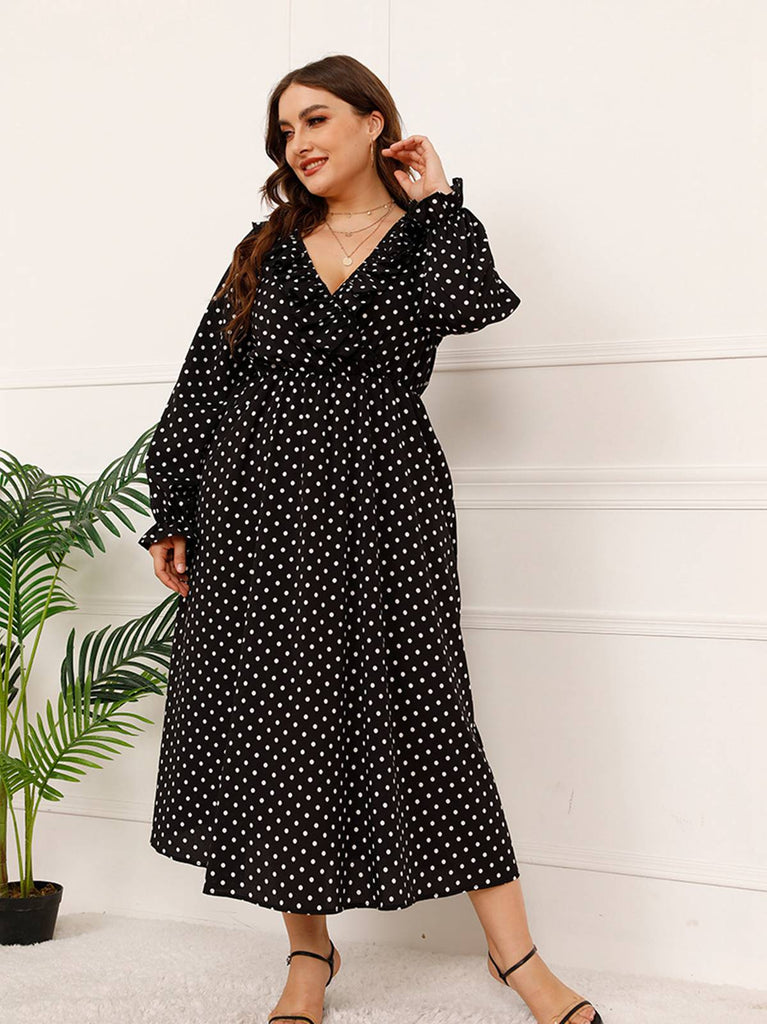 [Plus Size] Schwarzes 1950er V-Ausschnitt Kleid mit Tupfen
