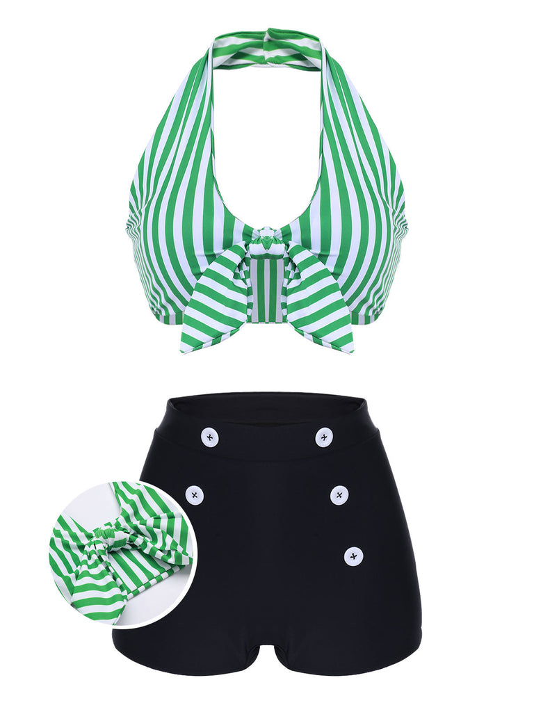 [Vorverkauf] [Plus Size] Grüner Retro Halter Streifen Bikini Set