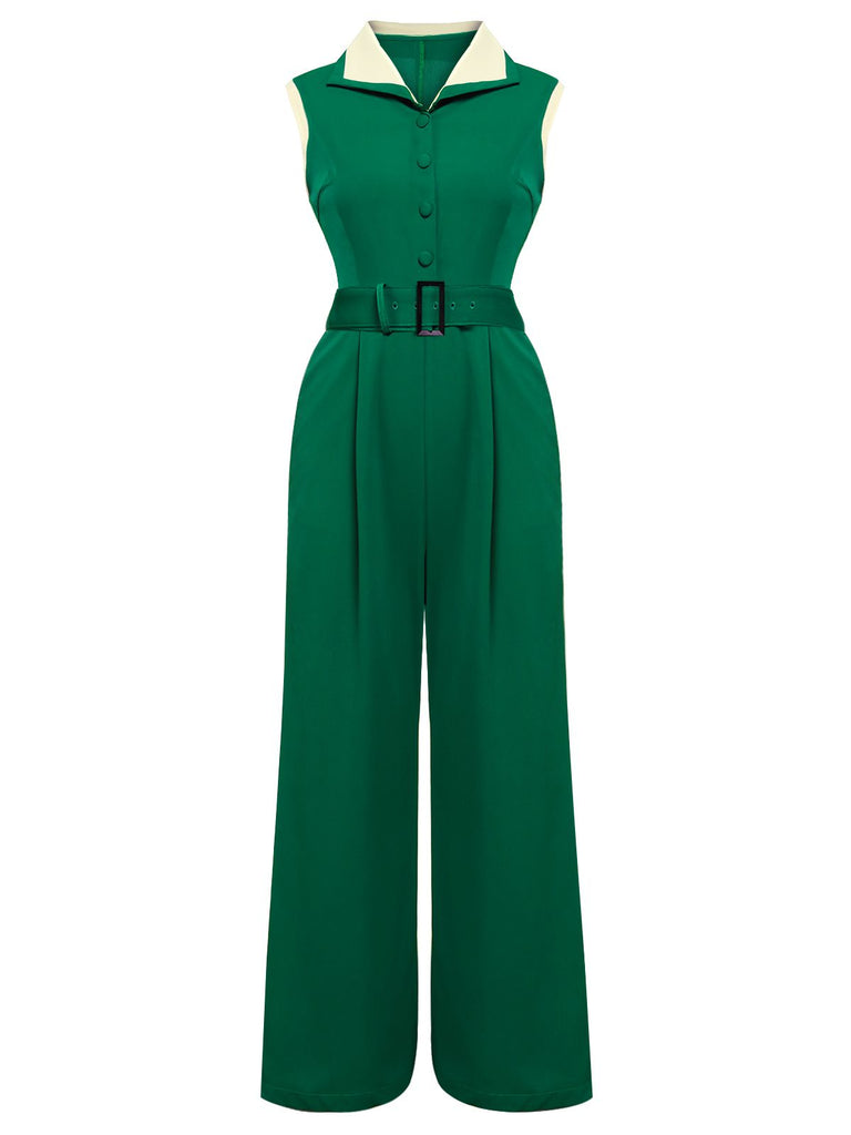 [Vorverkauf] Grün 1930er Revers Ärmelloser Jumpsuit