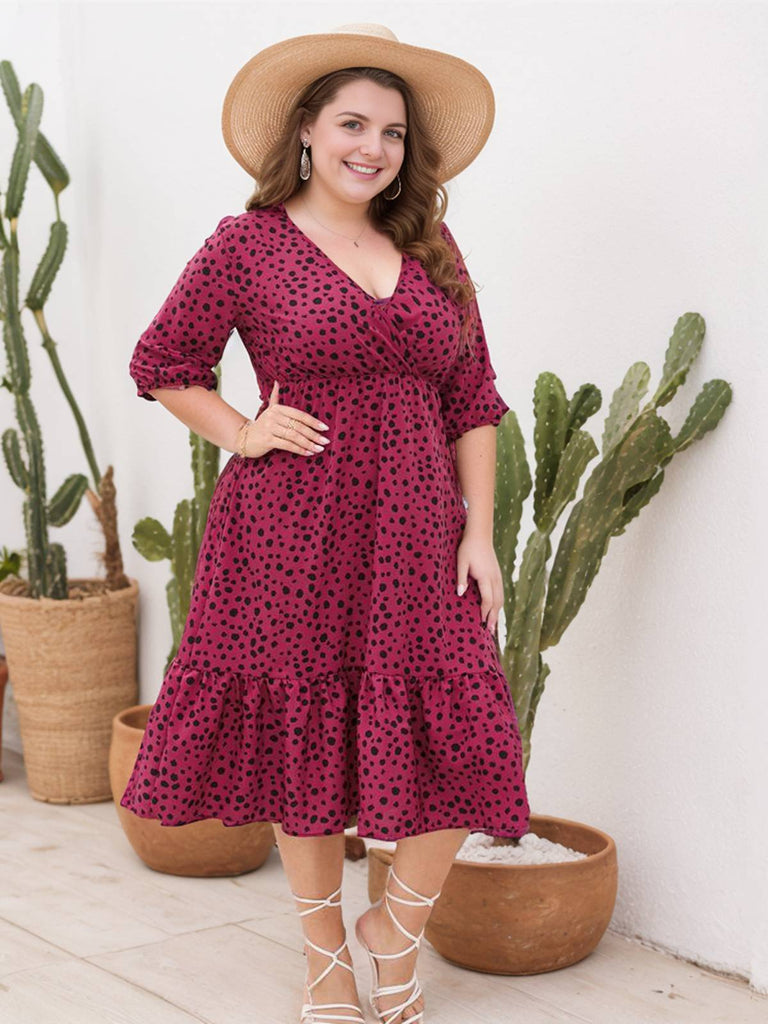 [Plus Size] 1950s V-Ausschnitt Leopard Halbarm Kleid