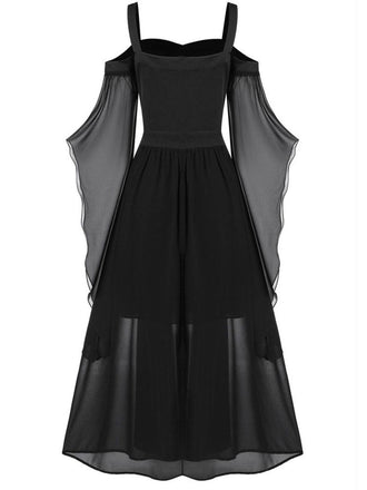 Schwarz 1950er Halloween Gothic Hexe Transparentes Ärmel Träger Kleid