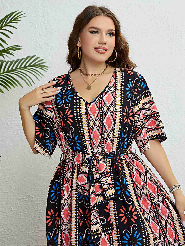 [Plus Size] 1950er V-Ausschnitt Geometrisches Kleid mit Krawatte