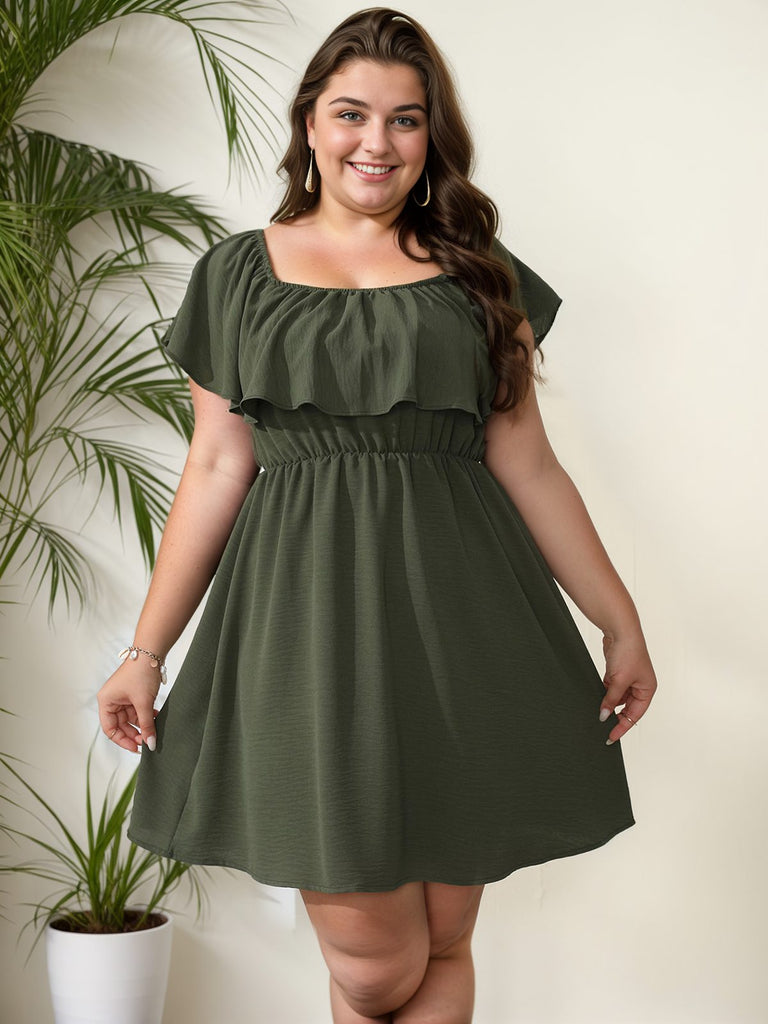 [Plus Size] 1950er Solide Ruffle Neck Off Shoulder Kleid