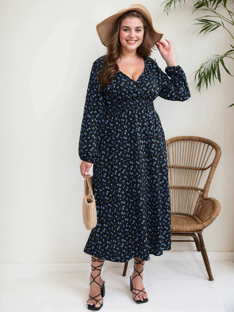 [Plus Size] Schwarzes 1950er Floral V-Ausschnitt Langärmeliges Kleid