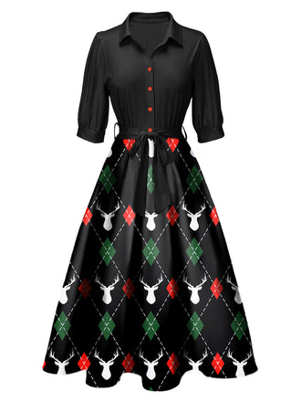Schwarz 1940er Weihnachten Drucken Revers Gürtel Kleid