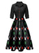 1940er Schwarzes Kleid mit Revers und Gürtel mit Weihnachtsmotiven