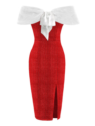 Rotes 1960er Plüschschleifen-Bleistiftkleid mit Umhang