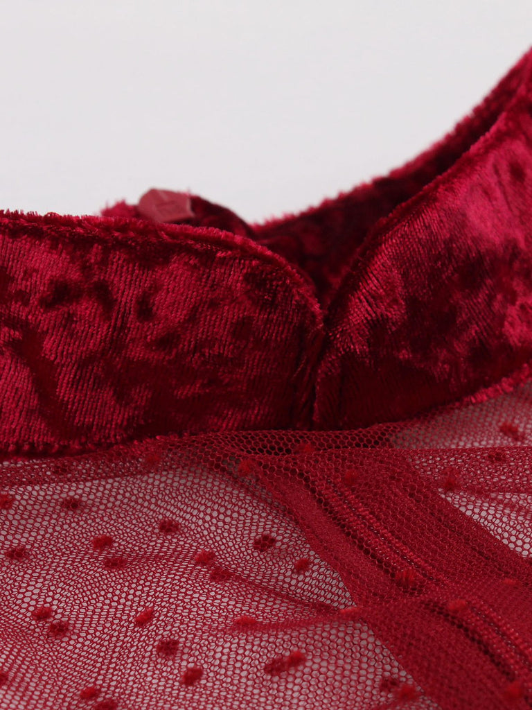 BURGUNDY VELVET MESH PATCHWORK SCHICKES UND KLASSISCHES KLEID