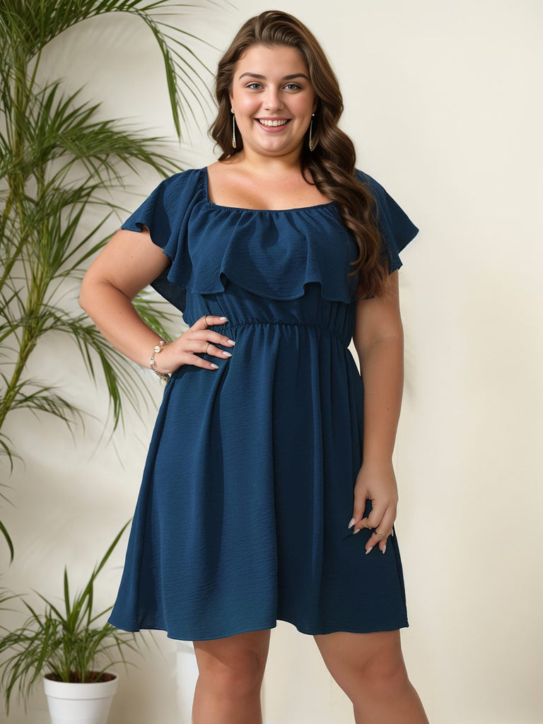 [Plus Size] 1950er Solide Ruffle Neck Off Shoulder Kleid