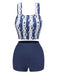 [Vorverkauf] Blauer 1940er Streifen Floral Spaghetti Strap Badeanzug