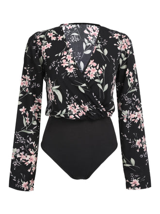 SCHWARZER VINTAGE-BODY MIT BLUMEN V-AUSSCHNITT