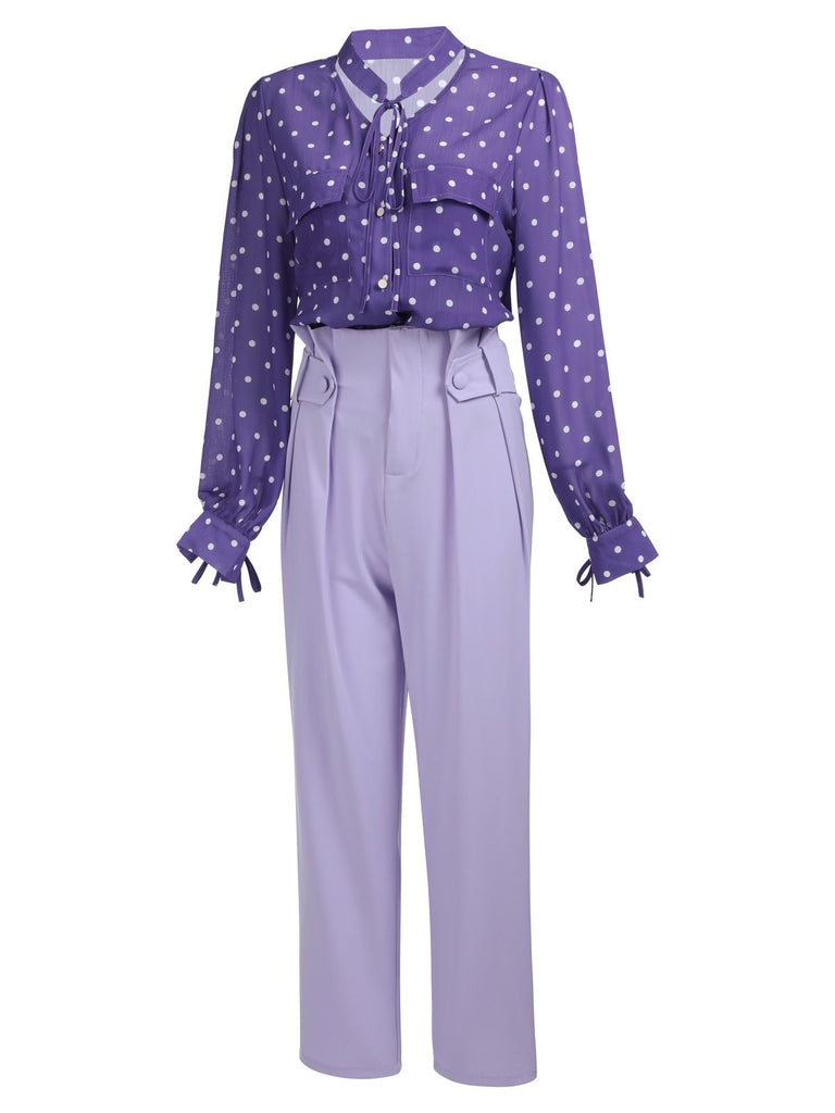 2 STÜCKE LILA PLOKA PUNKTE ÄRMELN BLUSE & EINFACHE HOSE