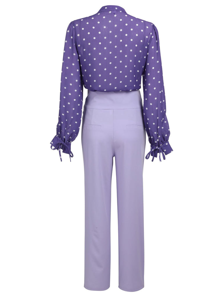 2 STÜCKE LILA PLOKA PUNKTE ÄRMELN BLUSE & EINFACHE HOSE