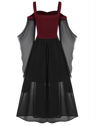 Tiefrot 1950er Halloween Gothic Hexe Transparentes Ärmel Träger Kleid