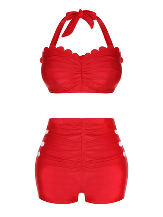 Roter 1950er Knopf Rüschen Halter Badeanzug