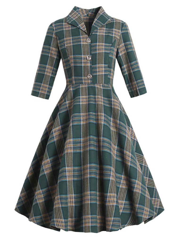 GRÜN 1950ER PLAID MITTEL ÄRMEL KLEID